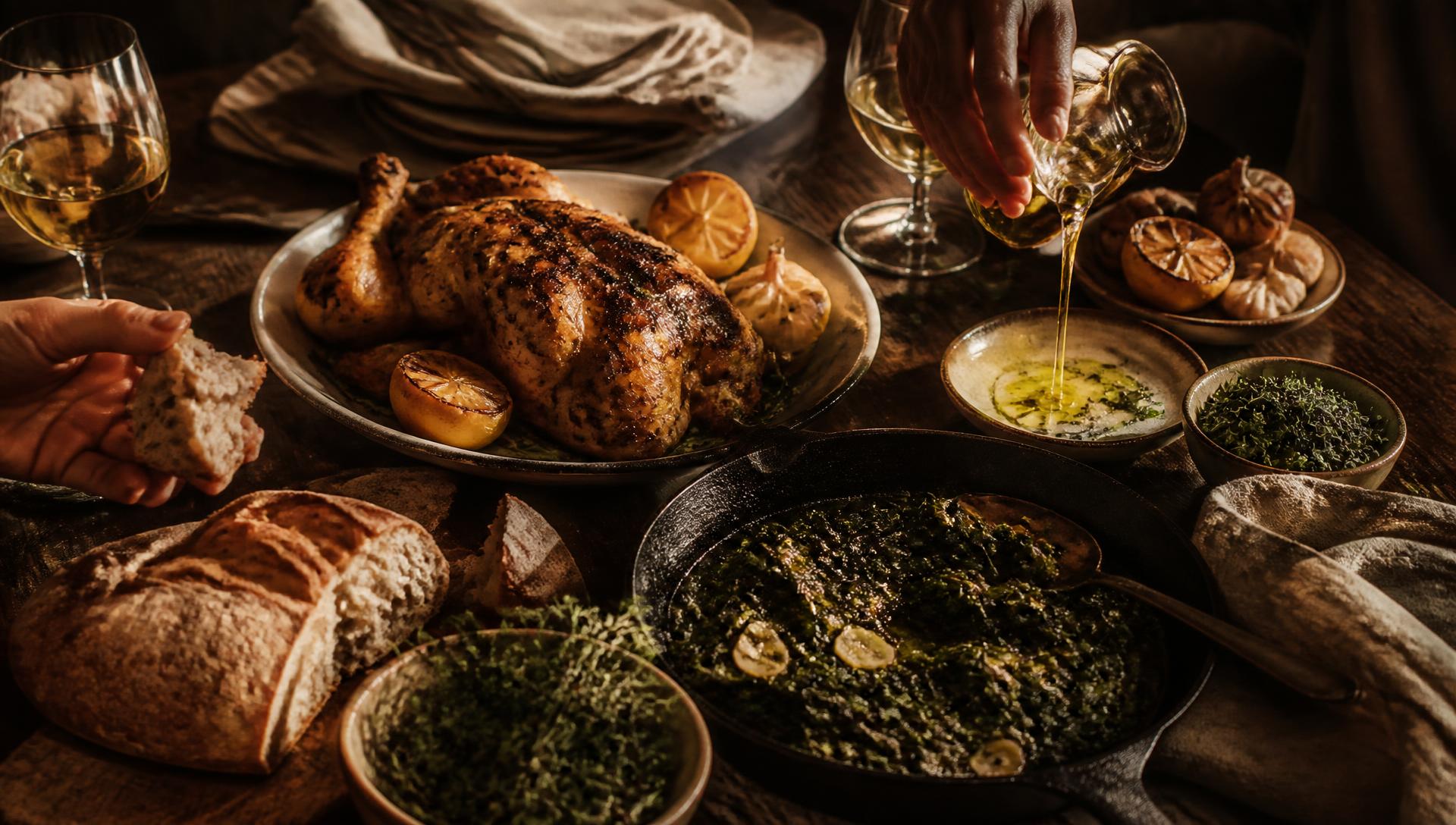 A generous spread: roast chicken with charred lemons, a skillet of braised greens, torn bread, herbs and olive oil being poured.